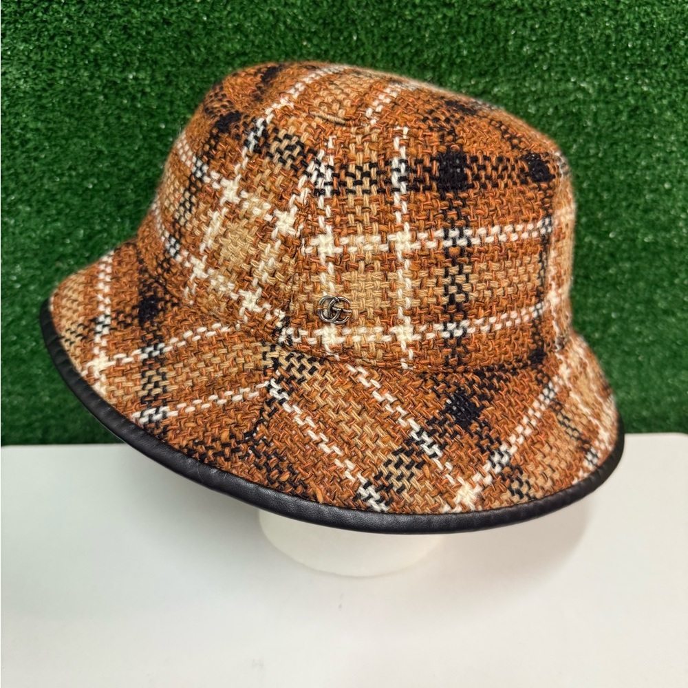 GUCCI GG Elevation Tweed Tartan Bucket Hat Cap 728469 Brown Size Medium NEW
